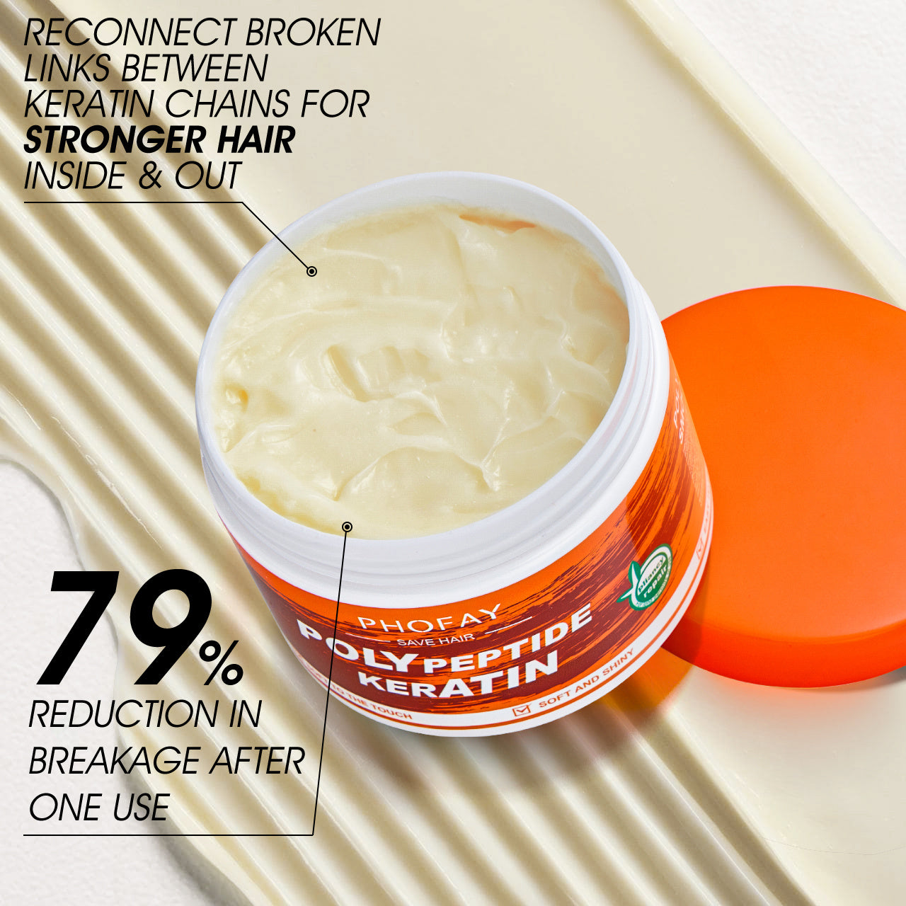 Crema restauradora cabello quemado PHOFAY en frasco con tapa naranja, 79% reducción en quiebre tras una sola aplicación.