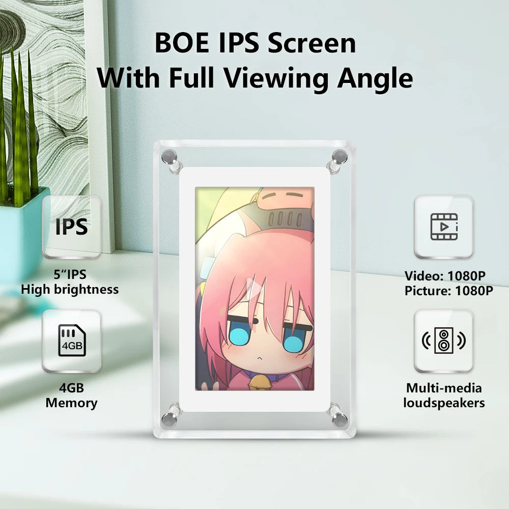 5 inch digital photo frame with HD display showcasing colorful character illustration on an IPS screen.