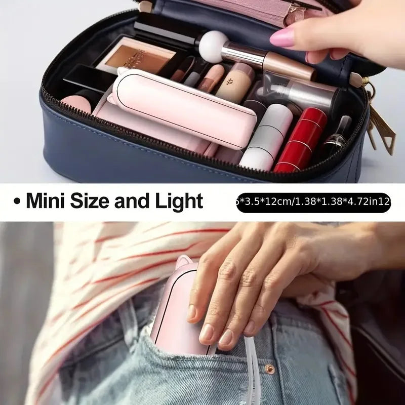 CoolGlam Fan: fresco, chic y recargable in a mini size bag with cosmetics, showcasing its portability and style.