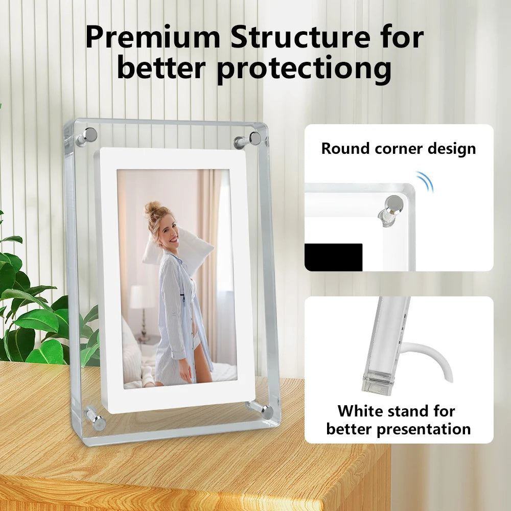 5 inch digital photo frame with round corner design and white stand for better presentation.