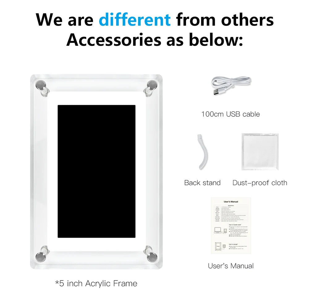 5 inch digital photo frame accessories including USB cable, back stand, dust-proof cloth, and user's manual.